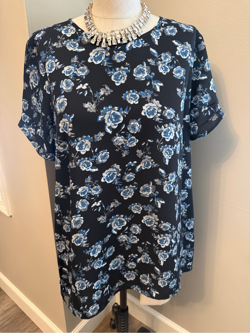 Black Floral Rose Print Blouse with Teal, Gray and White